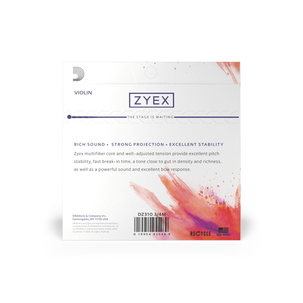 D'Addario Zyex Violin String Set, 3/4 Scale, Medium Tension