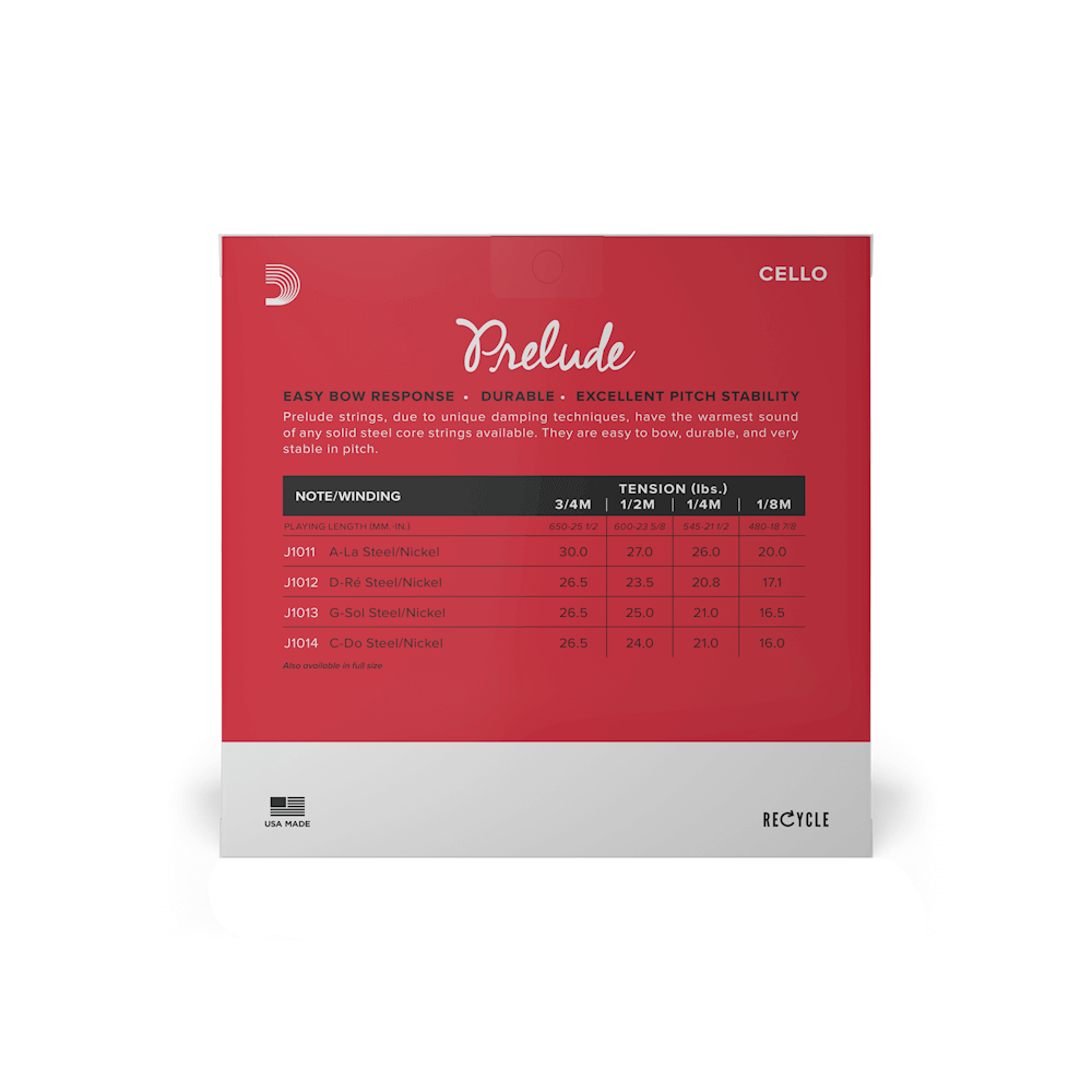 D'Addario Prelude Cello String Set, 3/4 Scale, Medium Tension
