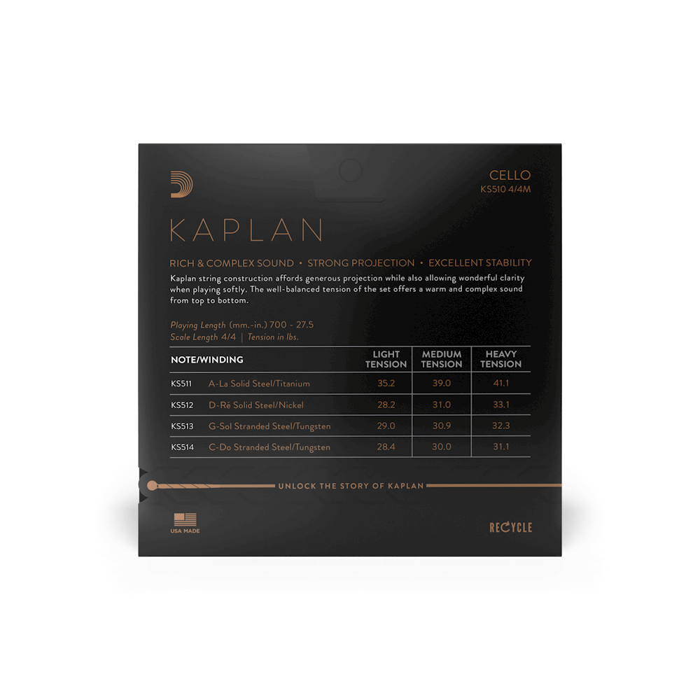 D'Addario Kaplan Cello String Set, 4/4 Scale, Medium Tension