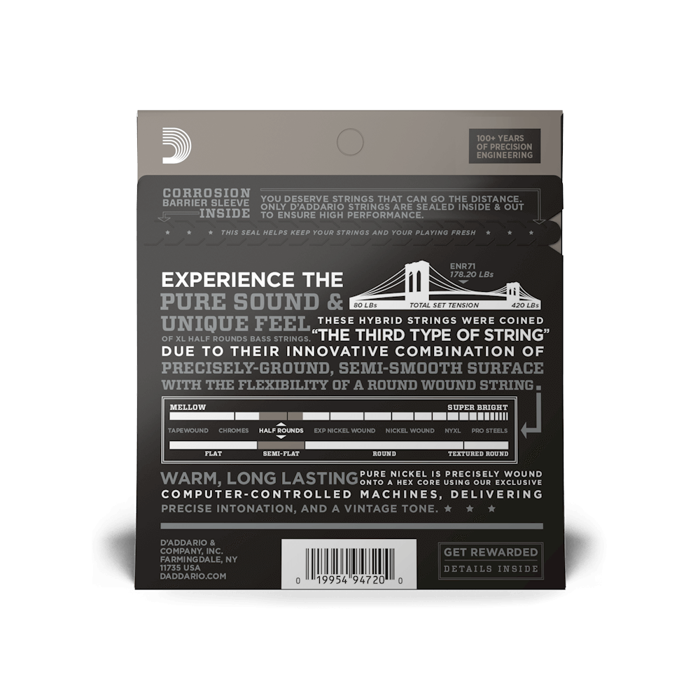 45-100 Regular Light, Long Scale, XL Half Rounds Bass Strings