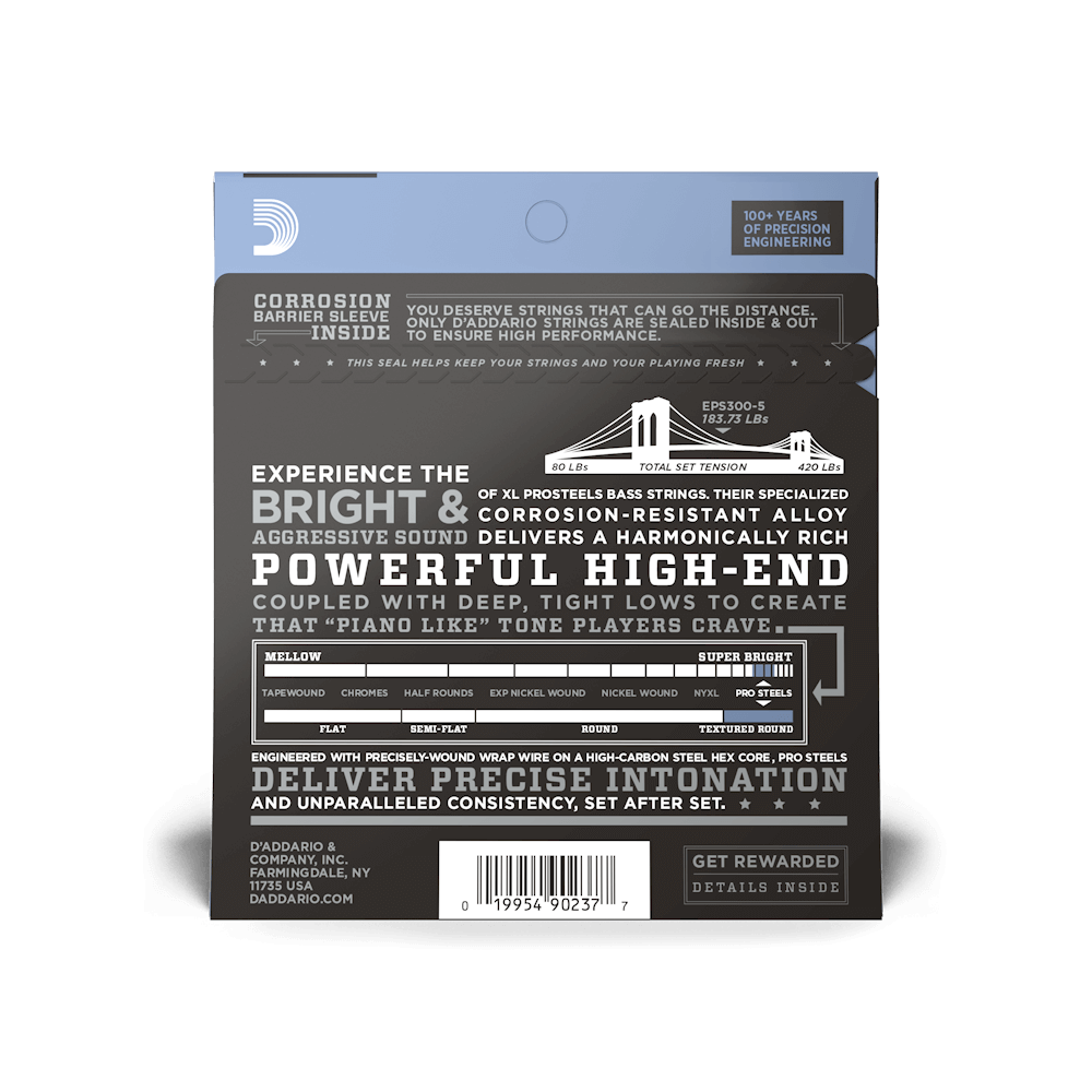 43-127 Custom Light Top/Medium Bottom 5-String Tapered, Long Scale, XL ProSteels Bass Strings